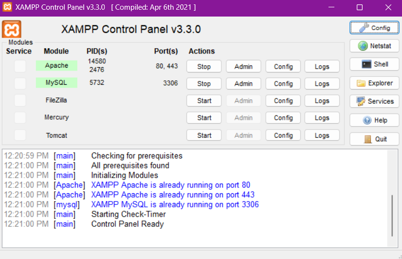 Screenshot of XAMPP control panel.