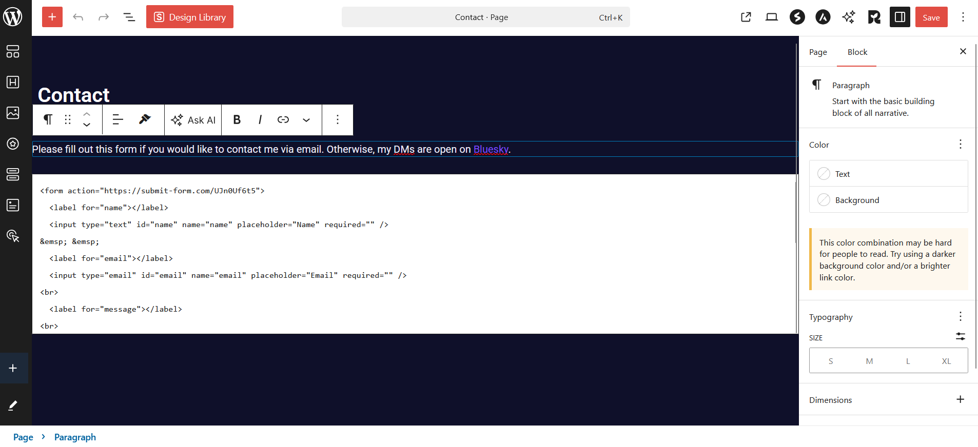 Screenshot of Contact Me page with visible HTML that links to Formspark.