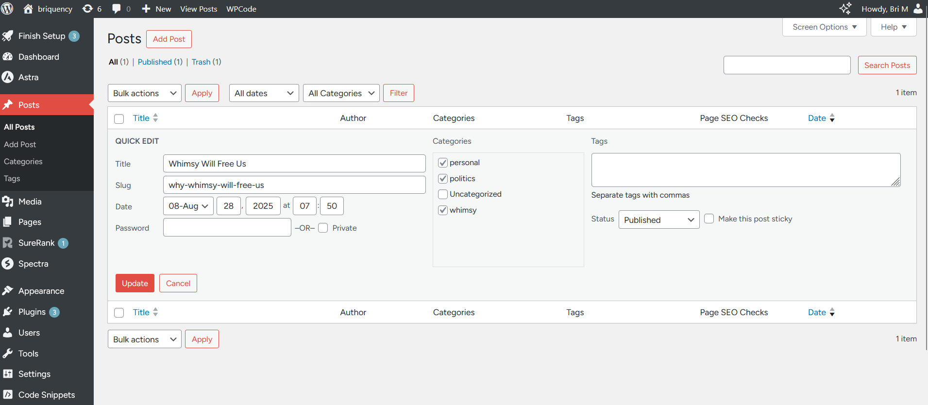 Screenshot of posts page in WordPress.